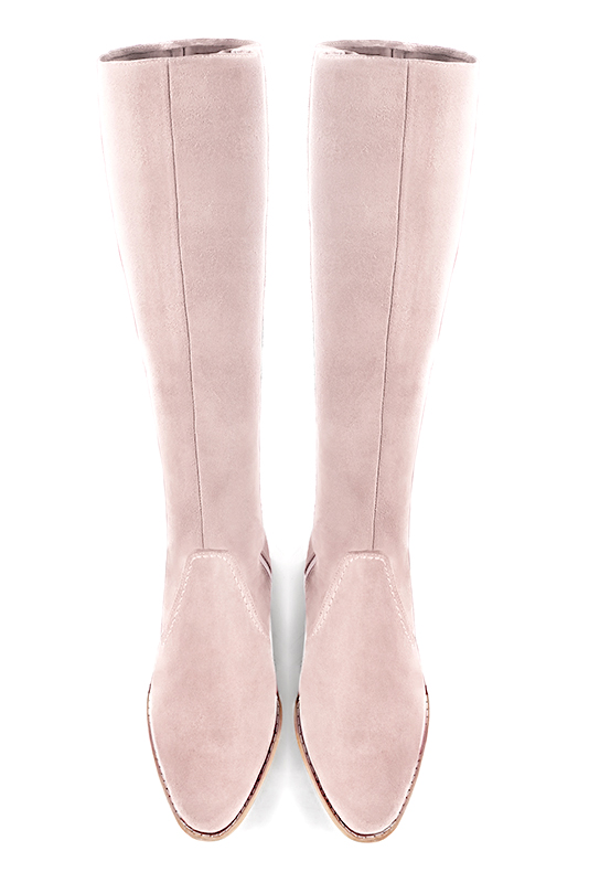 Powder pink women's riding knee-high boots. Round toe. Low leather soles. Made to measure. Top view - Florence KOOIJMAN